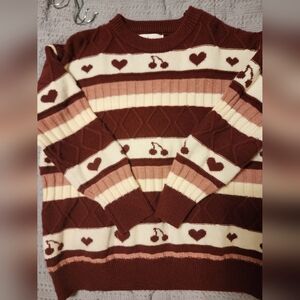 Alicedudu Women's heart and  Cherry Pattern colorblock  Sweater Sm